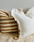Linen ruffle cushion in toffee stripe