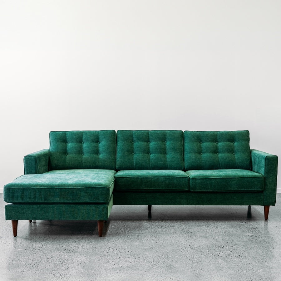NZ made tango sofa with reversible chaise in copeland greenstone