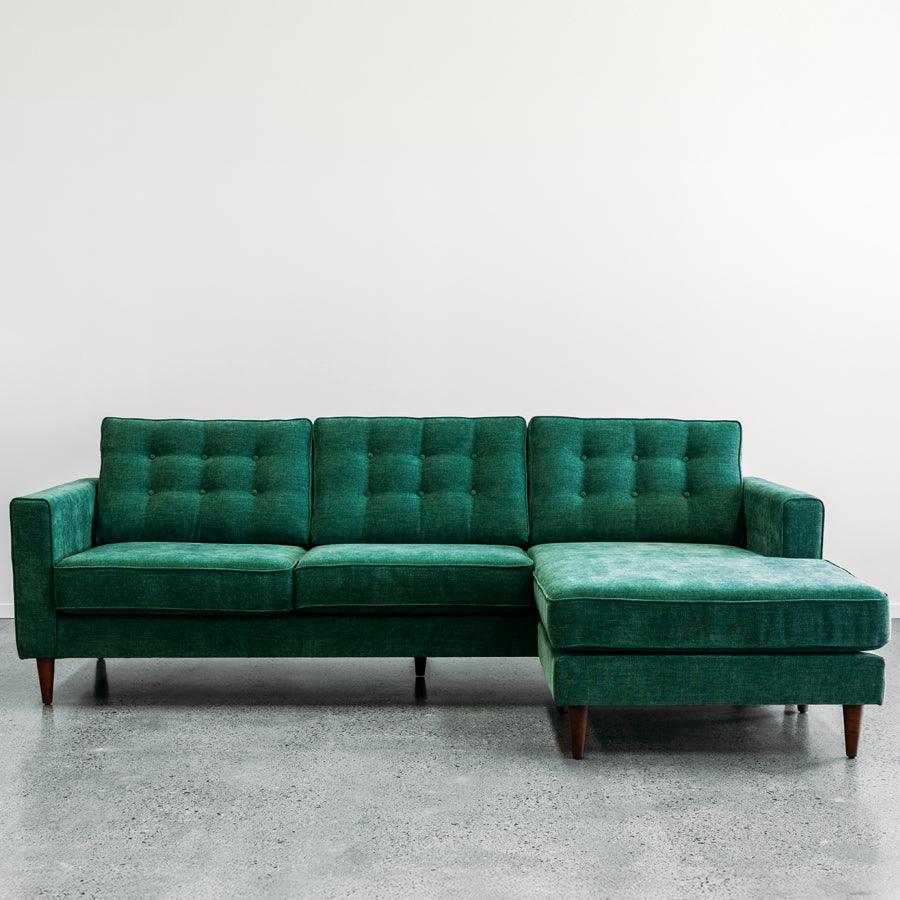 NZ made Tango sofa with reversible chaise in copeland greenstone