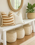 Linen ruffle cushion in toffee stripe