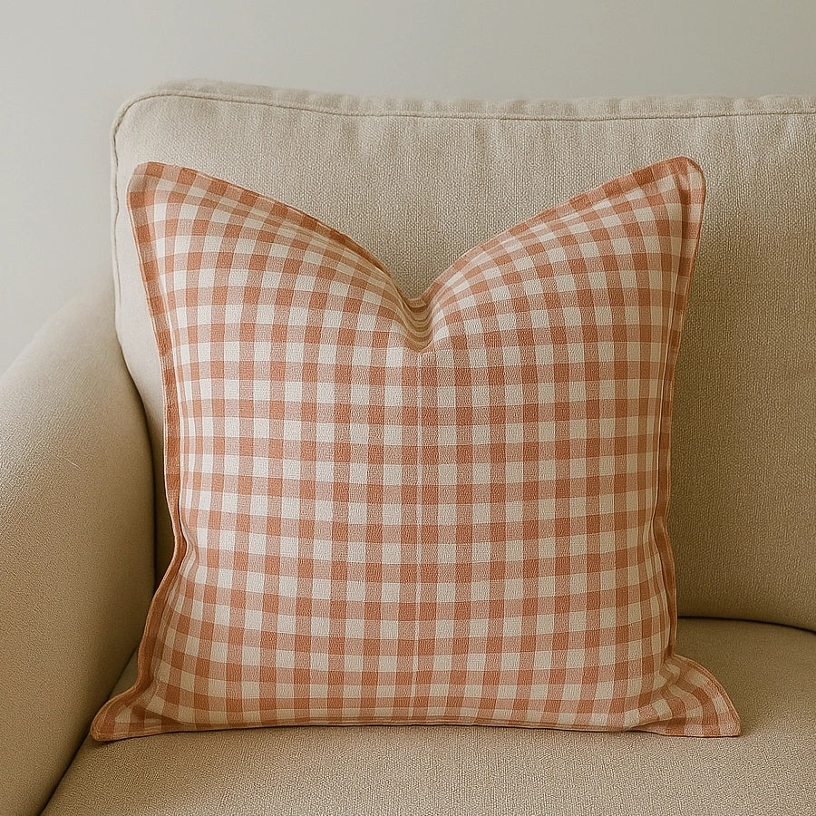 French linen cushion in blush gingham