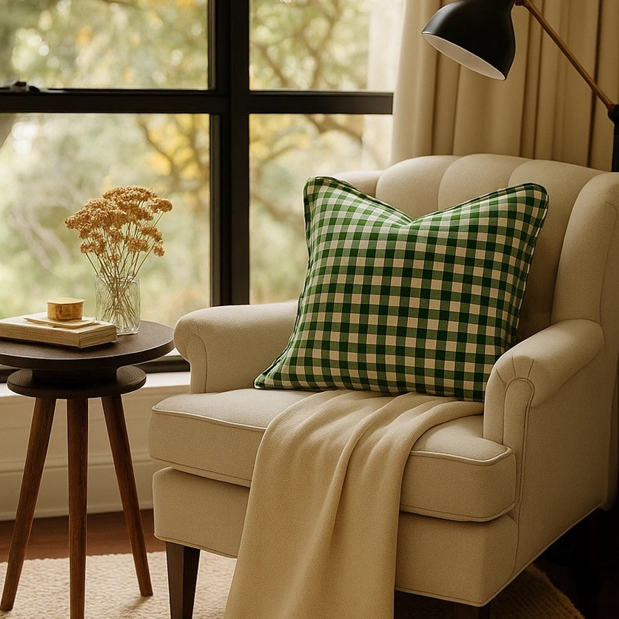 French linen cushion in Celtic gingham