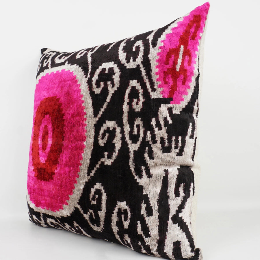 Ikat silk & velvet cushion in pink