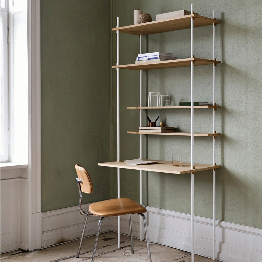 Moebe Shelving system desk in oak & white