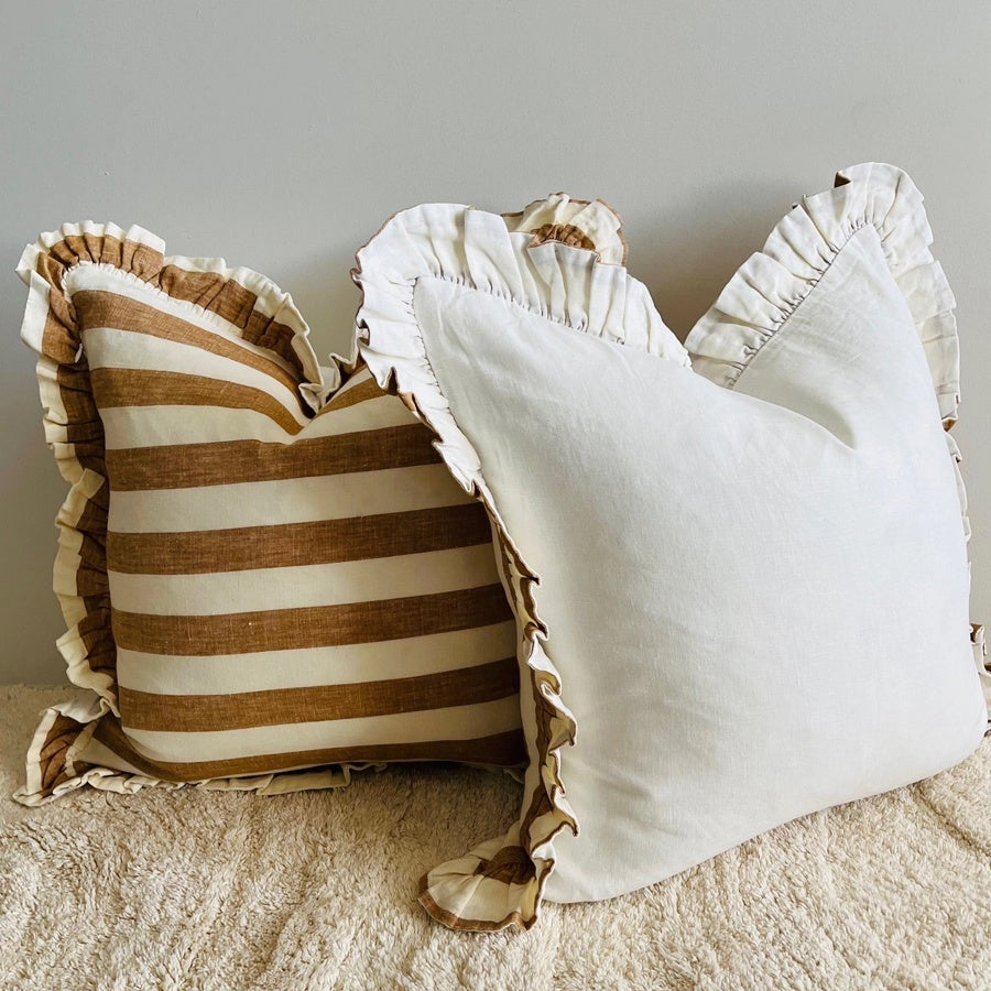 Linen ruffle cushion in toffee stripe