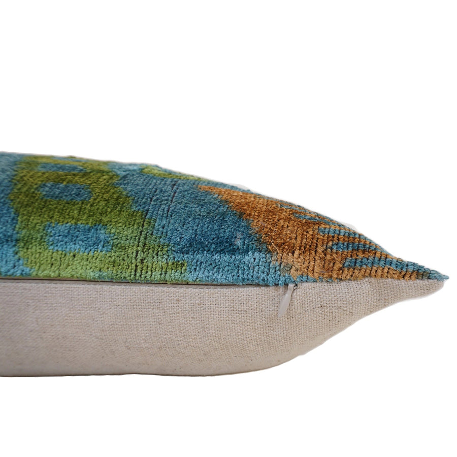 Ikat silk & velvet cushion atlantis green