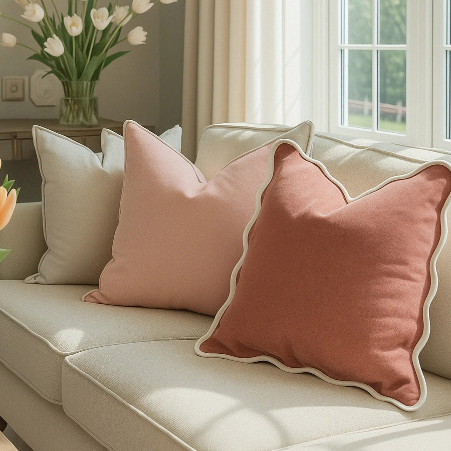 Velveteen scallop edge cushion in desert rose