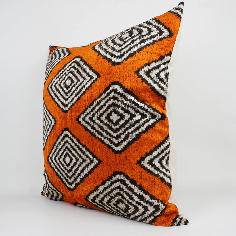 Ikat silk & velvet cushion in geometric pattern