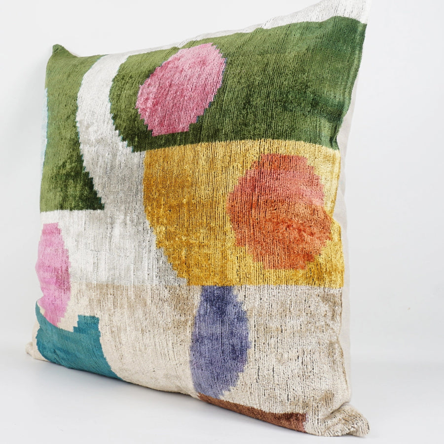 Ikat silk & velvet cushion in multi
