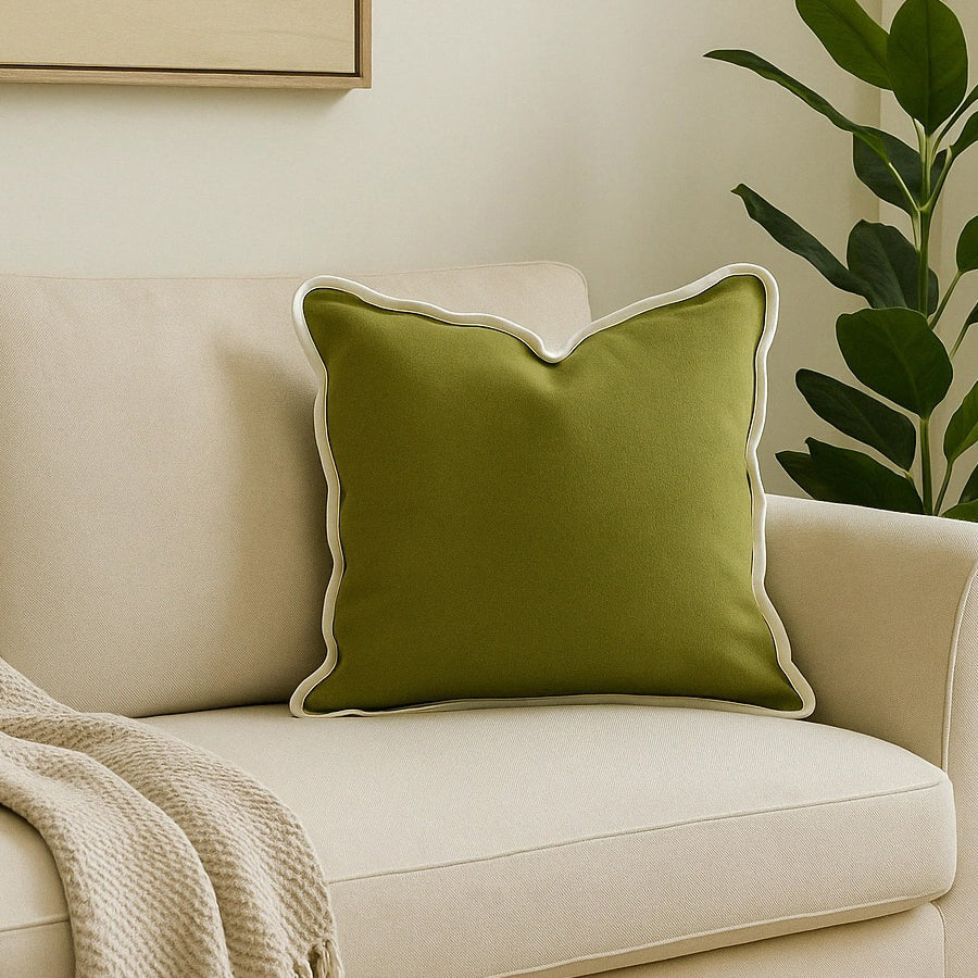 Velveteen scallop edge cushion in olive green