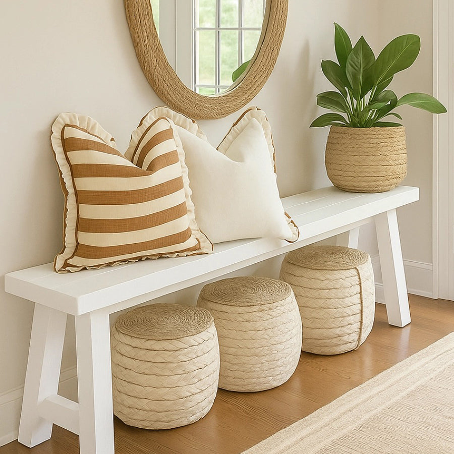 Linen ruffle cushion in toffee stripe