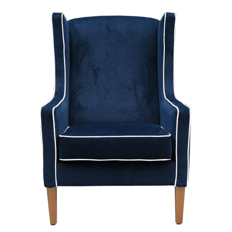 Partridge armchair in plush indigo with contrast piping